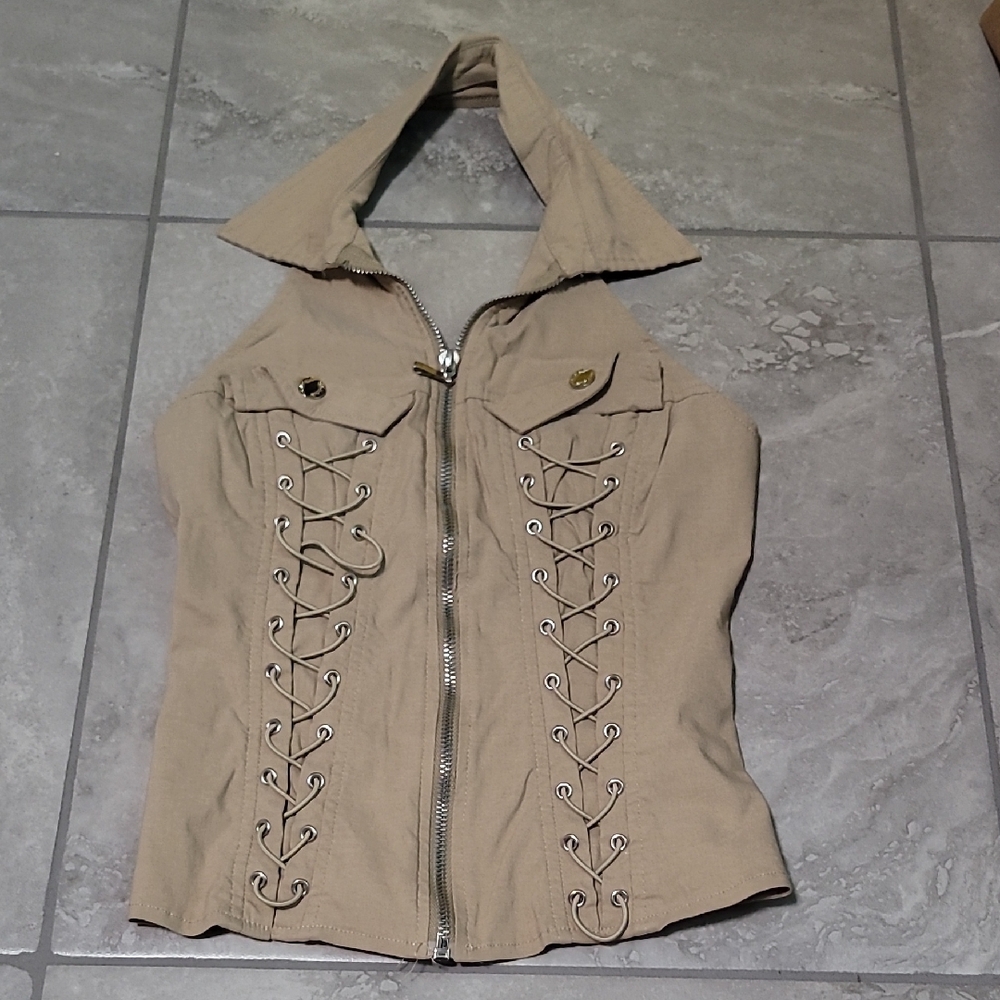 Tan Corset-Style Vest with Lace-Up Front